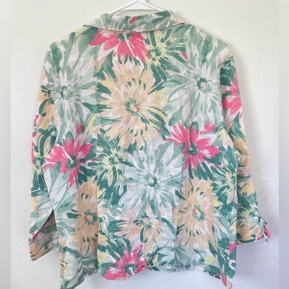 JM Collection 100% Linen Tropical Floral Button Up Green Pink 3/4 Sleeve - Sz 14 - Picture 6 of 6